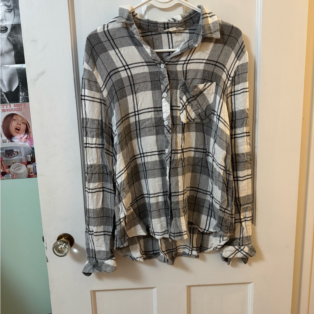 Beachlunchlounge Girls Gray and White  Flannel Button Up Long Sleeve Shirt